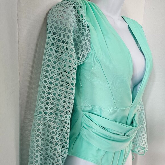 Real Housewives Monstera Netted Sleeve Mint Green Belted One Piece Swimsuit SZ S - Picture 2 of 6